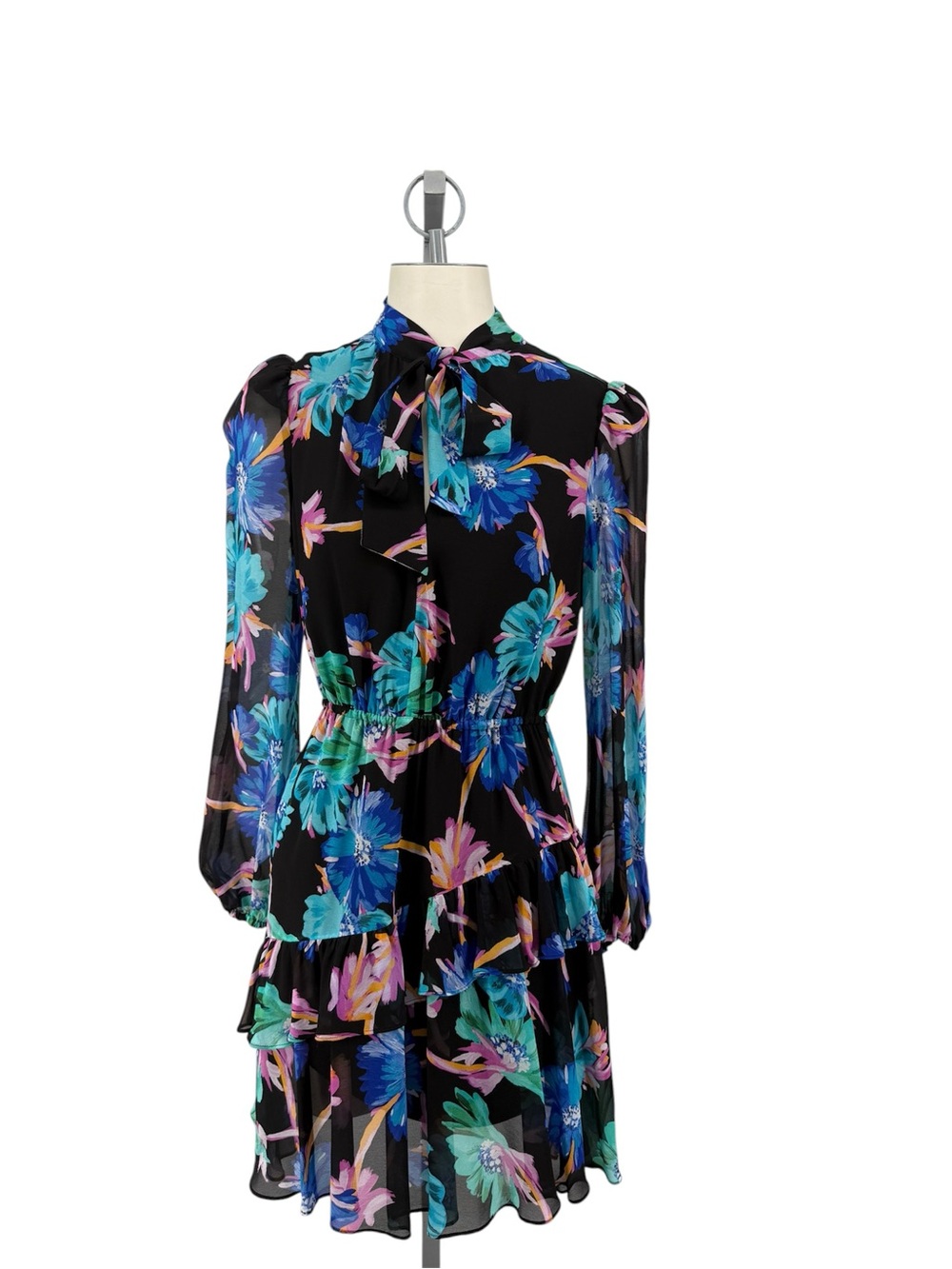 Milly Black Long-Sleeve Floral Tie-Neck Tiered Dress